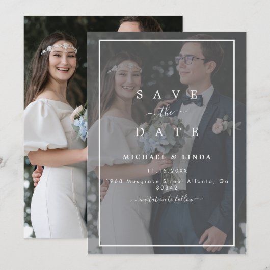 エレガントVellum Black & White Overlay Photos 結婚 セーブザデート (正面/裏面)