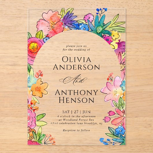 エレガントWhimsyはっきりしたフローラの水の結婚色 アクリル招待状 (正面)