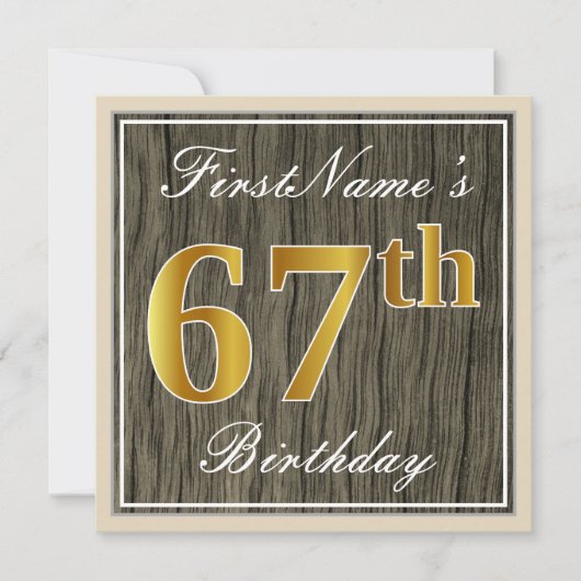 エレガントWood, フェイク金ゴールド67誕生日+名前 招待状 (正面)