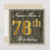 エレガントWood, フェイク金ゴールド78番目の誕生日+名前 招待状 (正面/裏面)