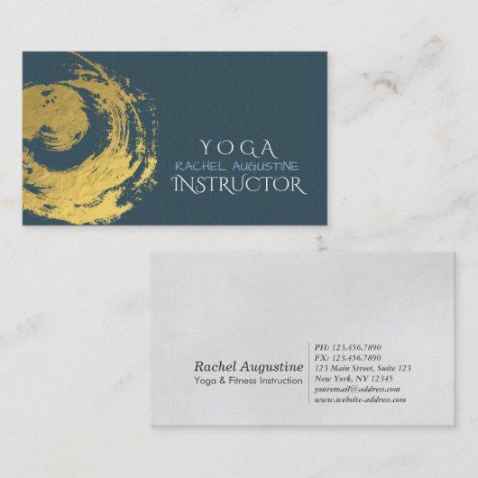 エレガントYOGAブルー&金ゴールドZENシンボルブラシストローク 名刺 (正面/裏面)