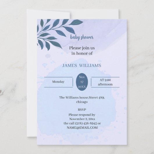 エレガンブルーの美学カスタマイズ的な赤ちゃんシャワー 招待状 (正面)