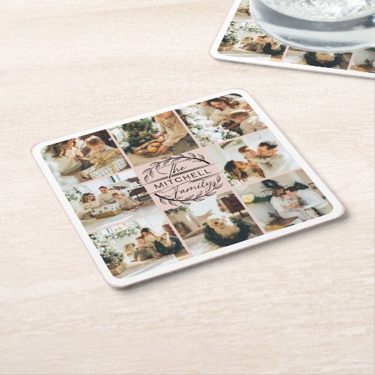 エレガンモダン赤面ピンクモノグラムファミリーフォト スクエアペーパーコースター (アングル)