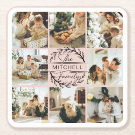 エレガンモダン赤面ピンクモノグラムファミリーフォト スクエアペーパーコースター