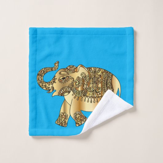エレガン金ゴールドペイズリーエレファントブルー バスタオルセット (ウォッシュタオル)