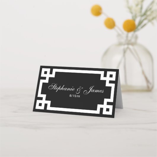 エレガ名門私立校風のン白ギリシャ鍵エスコートカード プレイスカード (正面)