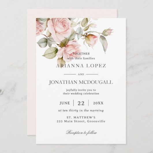 エレガ素朴ンス淡い色のピンクローズフローラ結婚ズ 招待状 (正面/裏面)