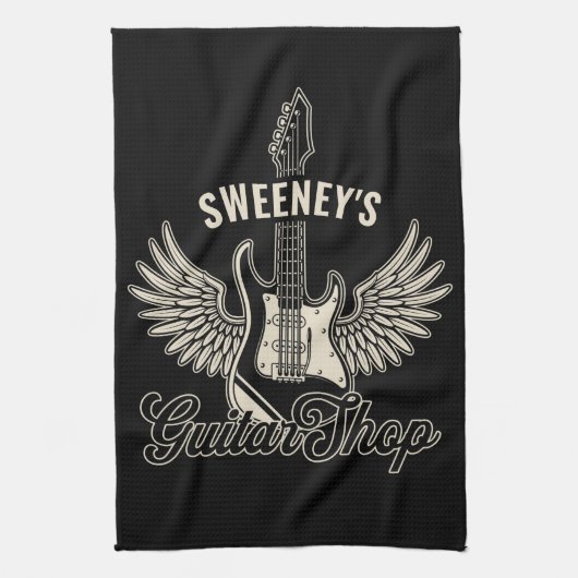 エレキウィングギタリストパーソナライズされたギターショップ キッチンタオル (縦)