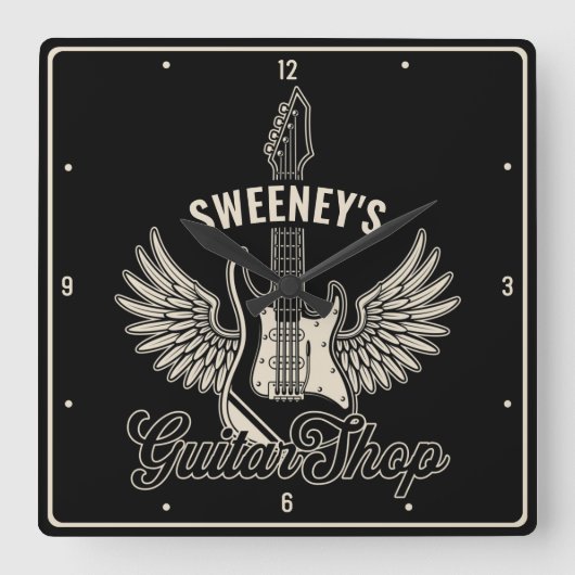 エレキウィングギタリストパーソナライズされたギターショップ スクエア壁時計 (正面)