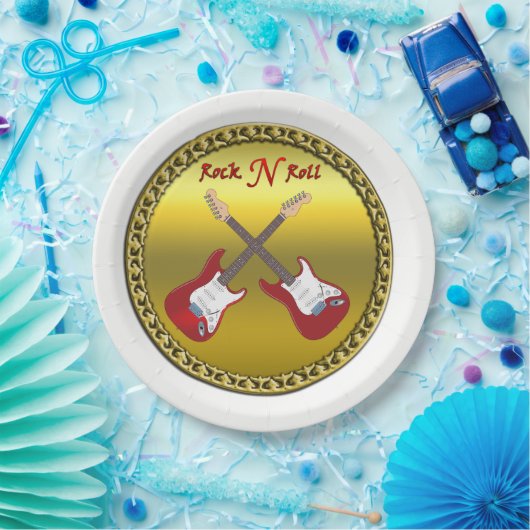 エレキギターが付いている石Nロール ペーパープレート (パーティー)