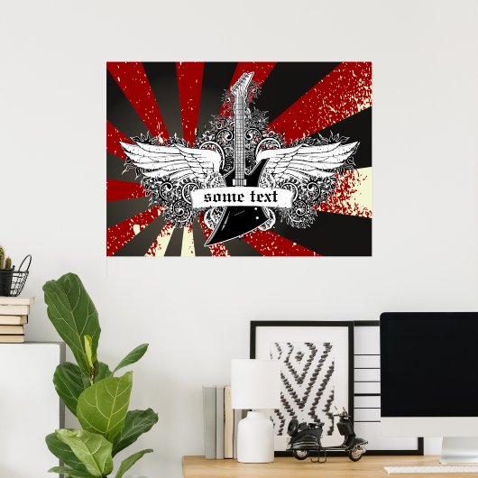 エレキギターとウィング白黒レッドポスター ポスター (ホームオフィス)