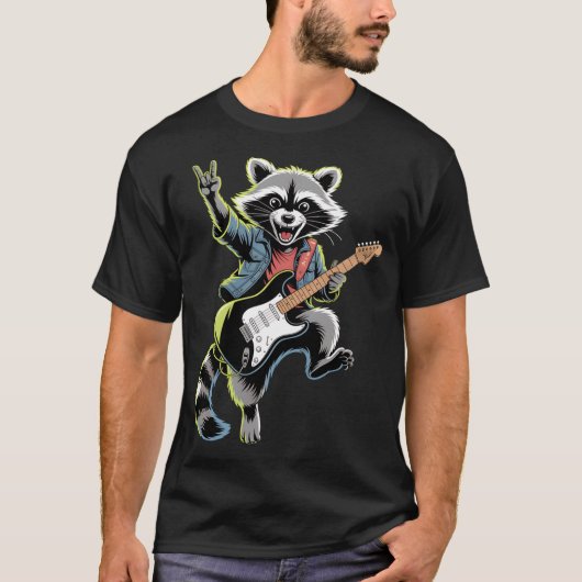 エレキギターのロックなアライグマ ヴィンテージ家族 Tシャツ (正面)
