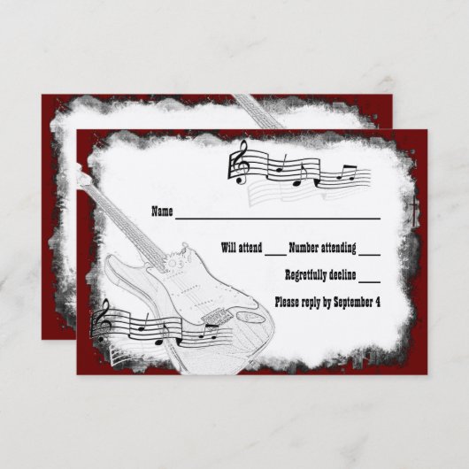 エレキギターの黒の赤く白い音楽RSVP 出欠カード (正面/裏面)