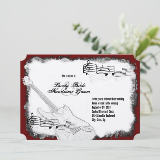 エレキギターの黒赤く白い音楽結婚式 招待状 (スタンド正面)