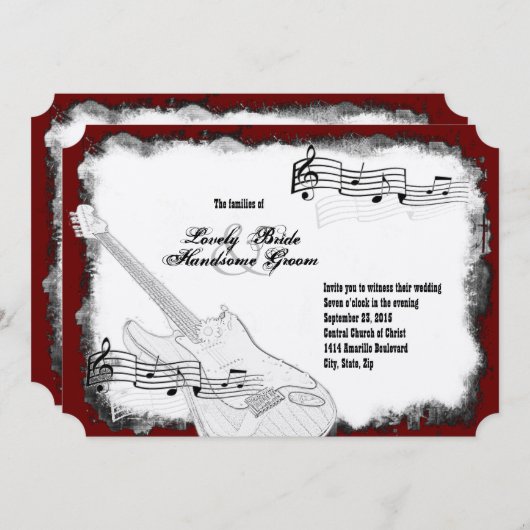 エレキギターの黒赤く白い音楽結婚式 招待状 (正面/裏面)