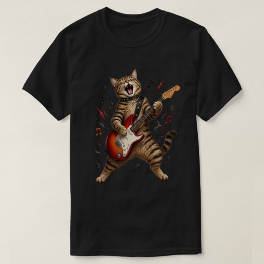 エレキギターを弾くロックな猫 Tシャツ (デザイン正面)