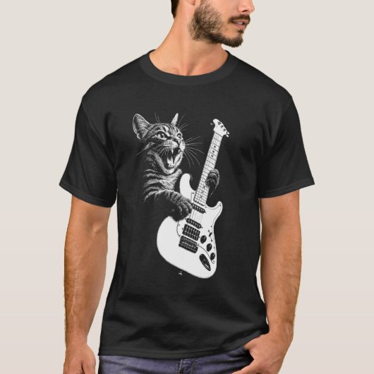 エレキギターを抱えたロックな猫 Tシャツ (正面)