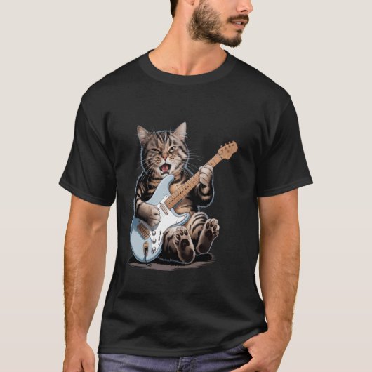 エレキギターを演奏する面白いロックスターミニ猫 ミュージシャン Tシャツ (正面)