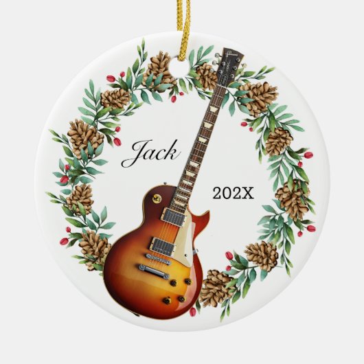 エレキギタークリスマスリースパインコーン音楽 セラミックオーナメント (正面)