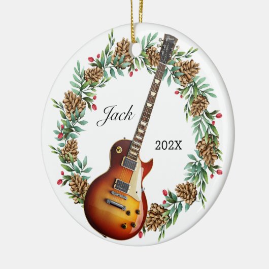 エレキギタークリスマスリースパインコーン音楽 セラミックオーナメント (左)