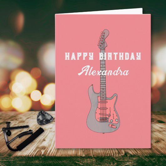 エレキギターピンクギタリスト女子誕生日カード カード