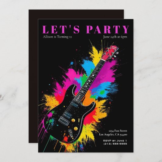 エレキギター誕生日パーティーへの招待 招待状 (正面/裏面)