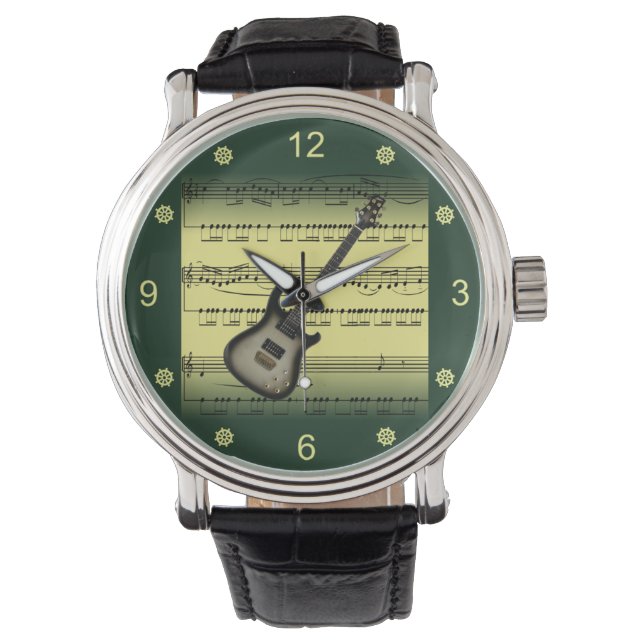 エレキギター転が～シート音楽～金ゴールド/グリーンバック 腕時計 (正面)