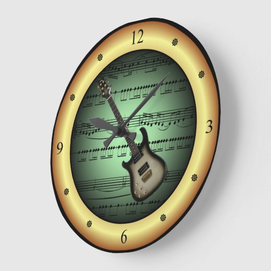 エレキギター~シートミュージック~緑/金ゴールド背景~ ラージ壁時計 (傾斜)