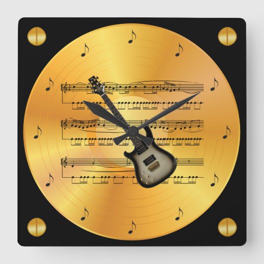 エレキギター~楽譜~金ゴールドレコード~ スクエア壁時計 (正面)