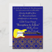 エレクエレガントティギター金ゴールドとネイビー結婚ブルー 招待状 (正面)