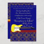 エレクエレガントティギター金ゴールドとネイビー結婚ブルー 招待状 (正面/裏面)