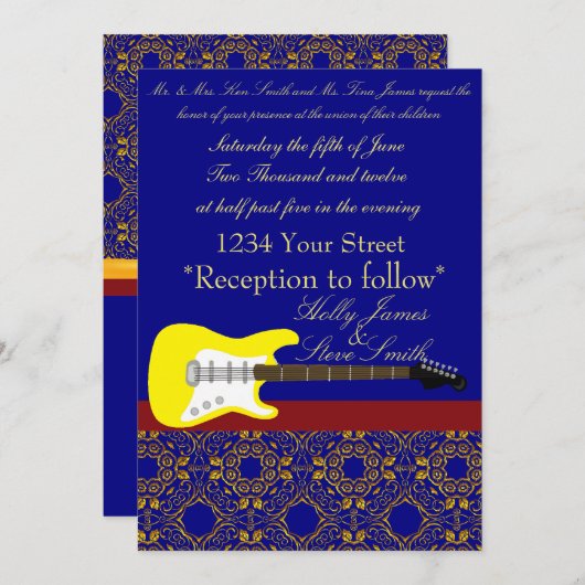 エレクエレガントティギター金ゴールドとネイビー結婚ブルー 招待状 (正面/裏面)