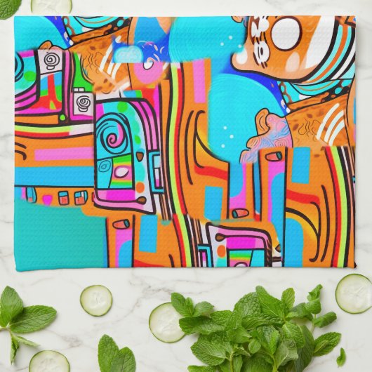 エレクトリックオレンジとシアンの夢 – 抽象芸術ポップ・アートの設計 キッチンタオル (折り畳み)
