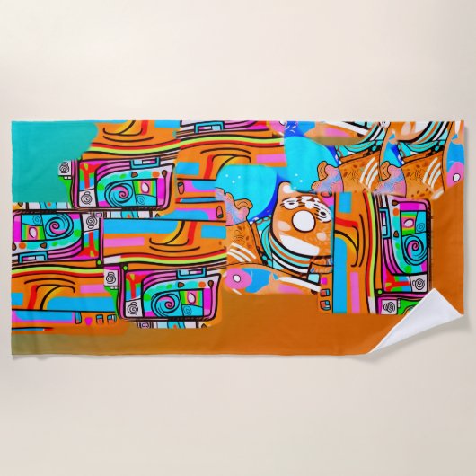 エレクトリックオレンジとシアンの夢 – 抽象芸術ポップ・アートの設計 ビーチタオル (正面)