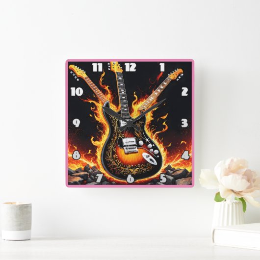 エレクトリックギターがステージで燃え上がる スクエア壁時計 (ホーム)