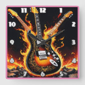 エレクトリックギターがステージで燃え上がる スクエア壁時計 (正面)