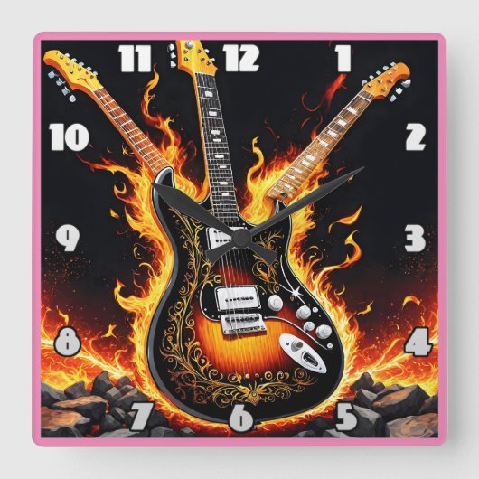 エレクトリックギターがステージで燃え上がる スクエア壁時計 (正面)