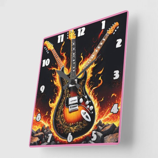 エレクトリックギターがステージで燃え上がる スクエア壁時計 (傾斜)