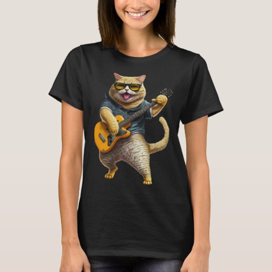 エレクトリックギターを演奏する猫 動物 猫 ギター Tシャツ (正面)