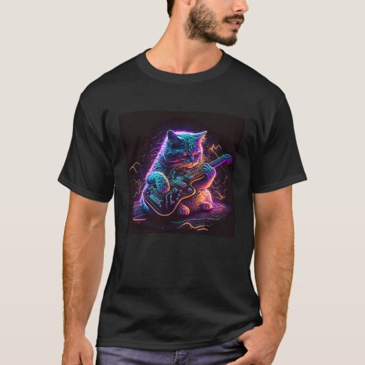 エレクトリックギターシンセを演奏するギター猫の子猫 Tシャツ (正面)