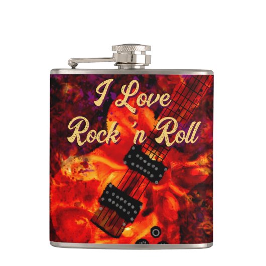 エレクトリックギターonファイアレッドブラックラブロックンロール フラスク (正面)