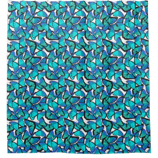 エレクトリックブルーとアクアトロピカルフォレストチョウ シャワーカーテン (正面)