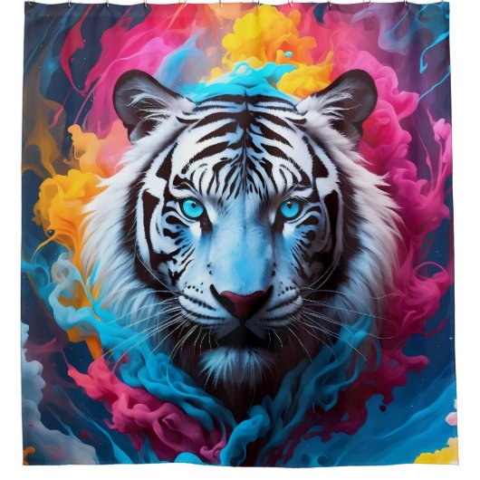 エレクトリックブルーネオンスノースタイガーポートレート シャワーカーテン (正面)