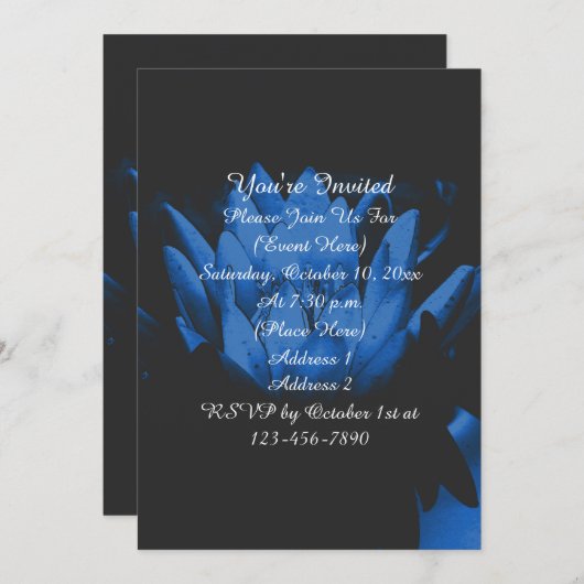 エレクトリックブルーリリレンロータスブロッサムフローラパーティー 招待状 (正面/裏面)