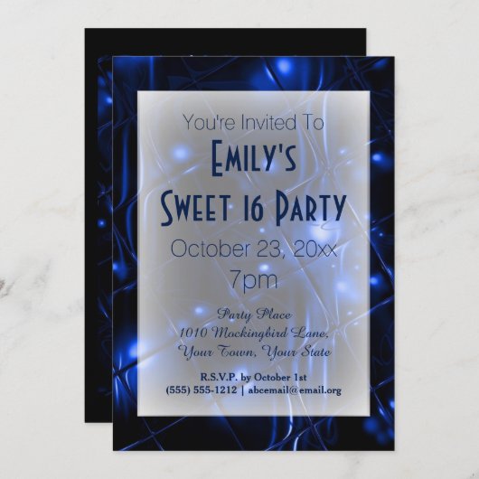 エレクトリックブルー白黒スウィート16誕生日 招待状 (正面/裏面)