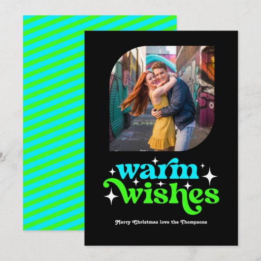 エレクトリックブルー & ネオングリーン レトロクリスマスフォト シーズンカード (正面/裏面)