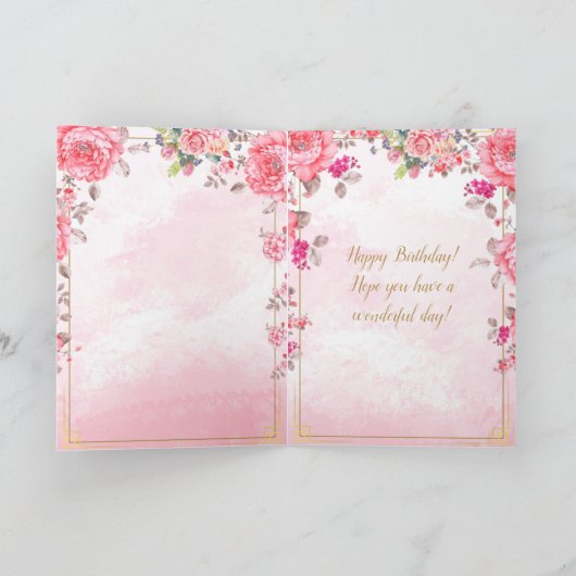 エレゲントピンクローズキュートゴールデンキットン誕生日 カード (内部)
