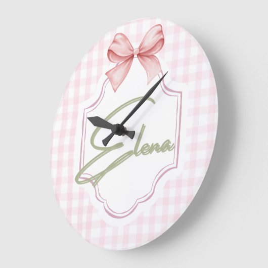 エレナパーソナライズされたベビーガール子供部屋ボウ&ギンガム ラージ壁時計 (傾斜)