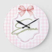 エレナパーソナライズされたベビーガール子供部屋ボウ&ギンガム ラージ壁時計 (正面)