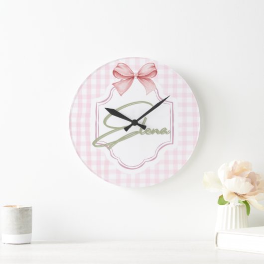 エレナパーソナライズされたベビーガール子供部屋ボウ&ギンガム ラージ壁時計 (ホーム)
